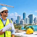 Construction companies in Florida managing building projects with cranes, modern skyscrapers, and heavy construction equipment.