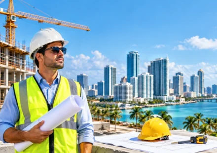 Construction companies in Florida managing building projects with cranes, modern skyscrapers, and heavy construction equipment.
