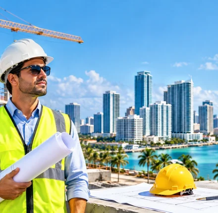 Construction companies in Florida managing building projects with cranes, modern skyscrapers, and heavy construction equipment.