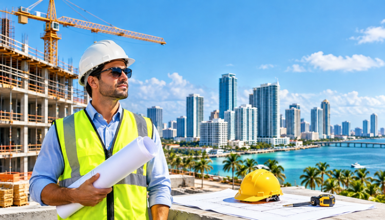 Construction companies in Florida managing building projects with cranes, modern skyscrapers, and heavy construction equipment.